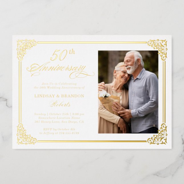 Gold Foil Damask Frame Wedding Anniversary Photo Foil Invitation (Front)