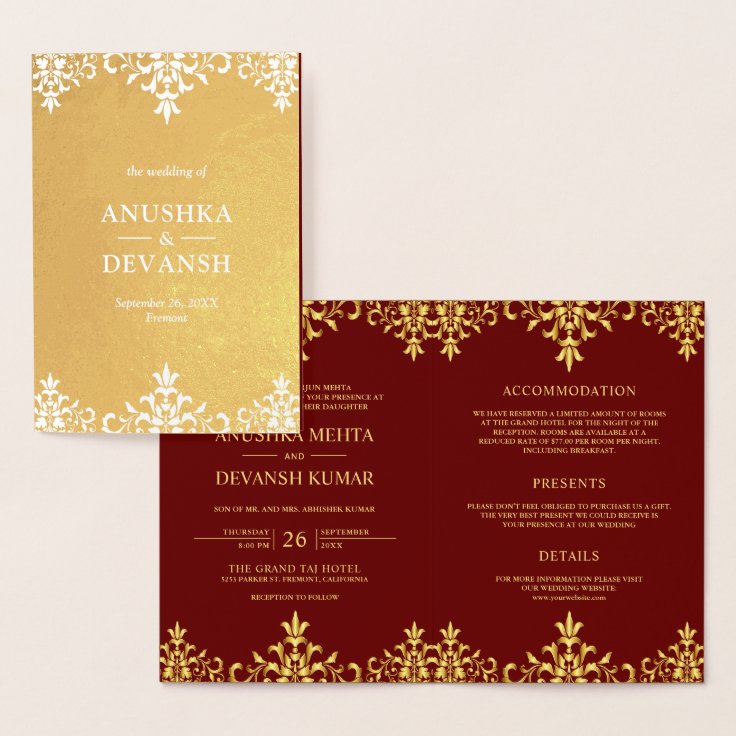 Gold Foil Damask Indian Style Wedding Invitation | Zazzle