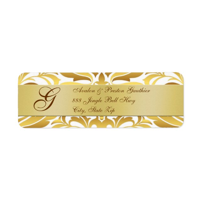 Gold Foil Damask Monogram New Years Address Labels (Front)