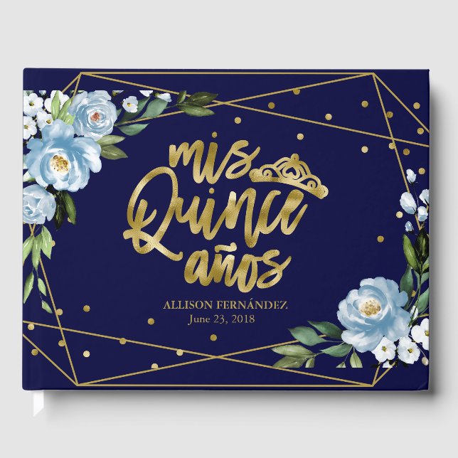 Gold Foil Dark Blue Floral Quinceanera Party Guest Book (Front)