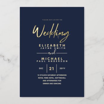 GOLD FOIL Dark Navy Blue Modern All-in-1 Wedding Foil Invitation