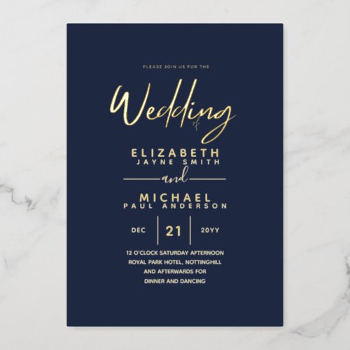 GOLD FOIL Dark Navy Blue Modern All_in_1 Wedding Foil Invitation