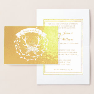 Gold Foil Deer Antler Wreath Wedding Invitations