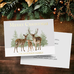Gold Foil Deer Family Snow Pine Merry Christmas Holiday Card