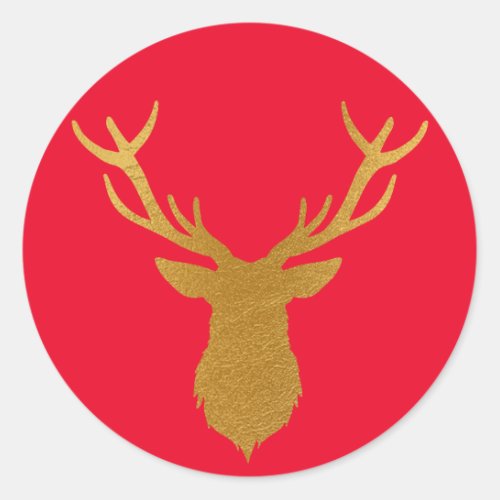 Gold Foil Deer Red Holiday Classic Round Sticker