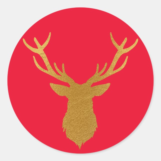 Gold Foil Deer Red Holiday Classic Round Sticker (Front)