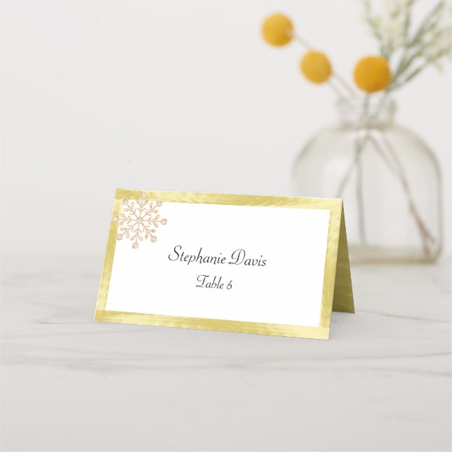 Gold Foil, Diamond Rose Gold Snowflakes Place Card (Front)
