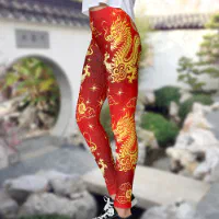 Gold Foil Dragon Chinese Lunar New Year Modern Red Leggings