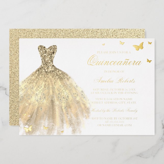 GOLD FOIL Dress Butterfly Quinceanera Foil Invitation (Front/Back)
