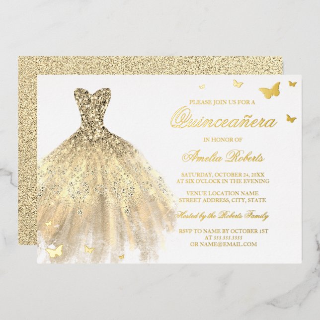 GOLD FOIL Dress Butterfly Quinceanera Invitation (Front/Back)