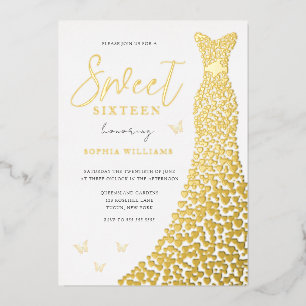 Gold Foil Dress Butterfly Sweet 16 Party Invitation