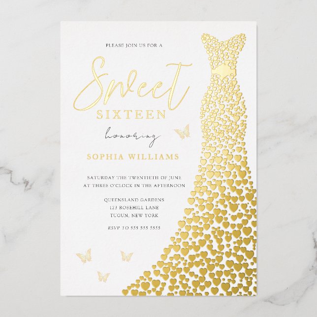 Gold Foil Dress Butterfly Sweet 16 Party Invitation (Front)