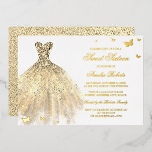 GOLD FOIL Dress Butterfly Sweet Sixteen Invitation
