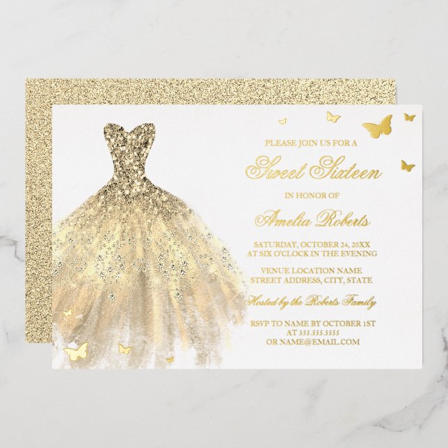GOLD FOIL Dress Butterfly Sweet Sixteen  Invitation (Front/Back)