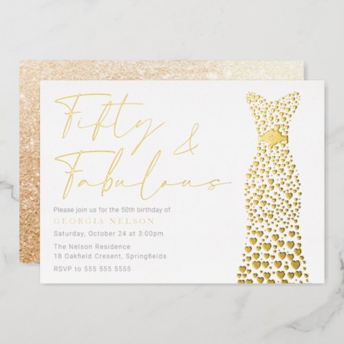 Gold Foil Dress Fifty  Fab 50th Birthday Party Foil Invitation