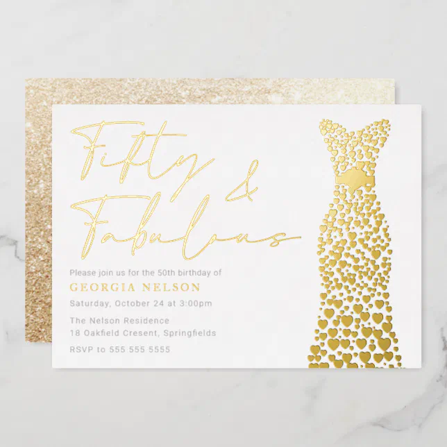 Gold Foil Dress Fifty And Fab 50th Birthday Party Foil Invitation Zazzle