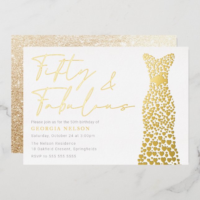 Gold Foil Dress Fifty & Fab 50th Birthday Party Invitation (Front/Back)
