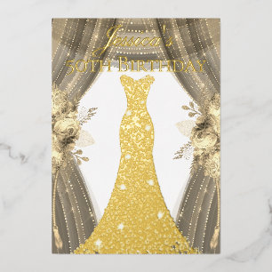 Gold Foil Dress Golden Floral 50th Birthday Party Invitation