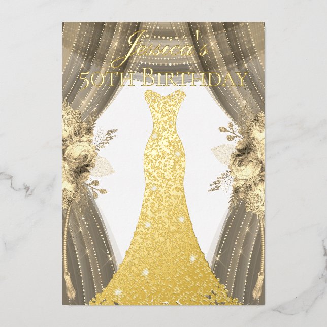 Gold Foil Dress Golden Floral 50th Birthday Party Invitation (Front)