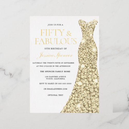 Gold Foil Dress Golden Pressed 50th Birthday Party Foil Invitation
