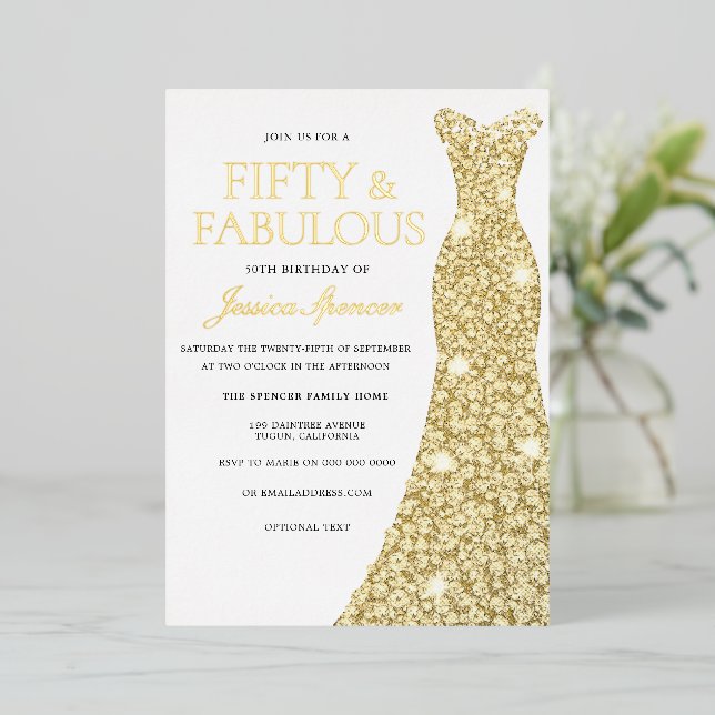 Gold Foil Dress Golden Pressed 50th Birthday Party Foil Invitation (Standing Front)