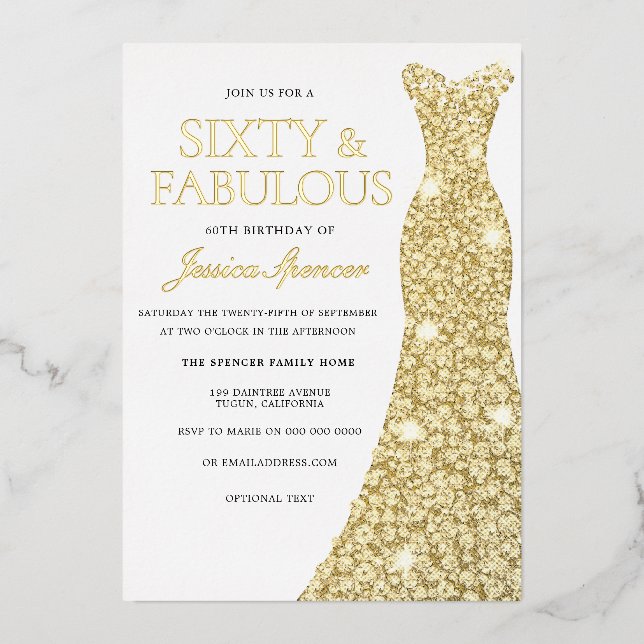 Gold Foil Dress Golden Pressed 60th Birthday Party Invitation (Front)