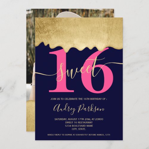 Gold foil drips photo navy blue pink Sweet 16 Invitation