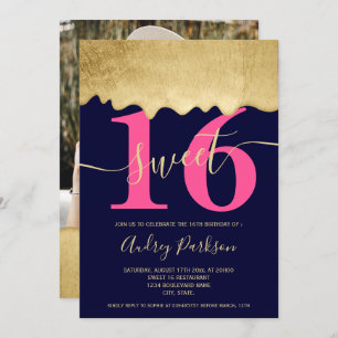 Gold foil drips photo navy blue pink Sweet 16 Invitation