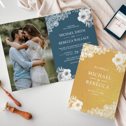 Gold Foil Dusty Blue Floral Wedding Invitation