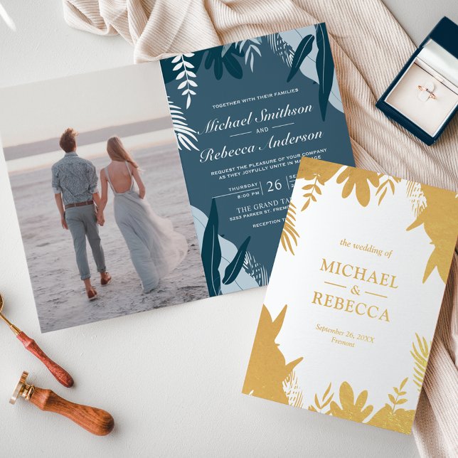 Gold Foil Dusty Blue Leaves Wedding Invitation (Creator Uploaded)