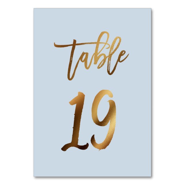 Gold foil dusty blue wedding table number (Front)