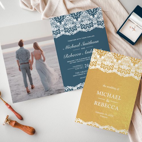 Gold Foil Dusty Blue White Lace Wedding Invitation