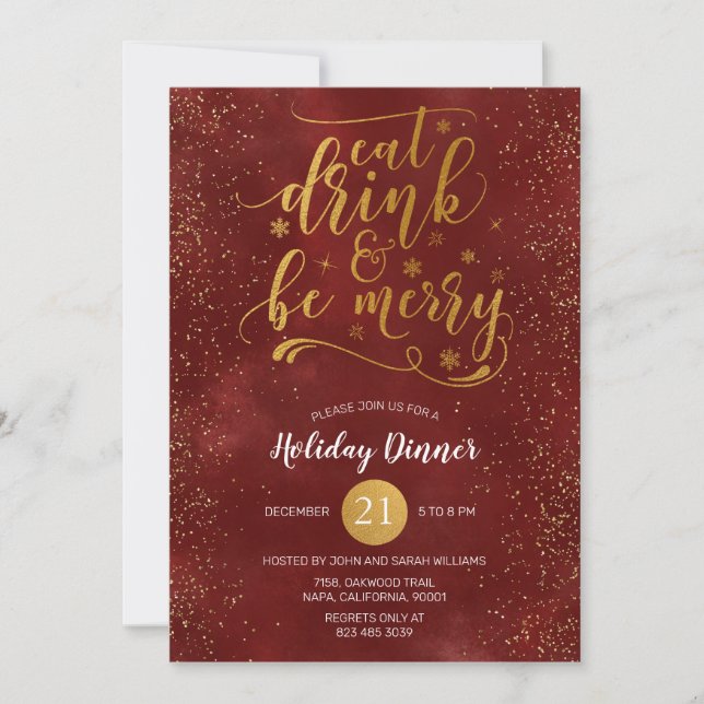 Gold Foil Eat Drink & Be Merry Red Christmas Party Invitation (Front)