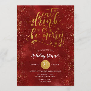 Gold Foil Eat Drink & Be Merry Red Christmas Party Invitation