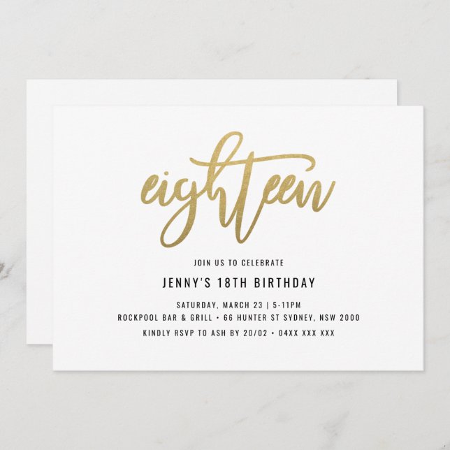Gold Foil Effect 18th Birthday Invitation (Front/Back)