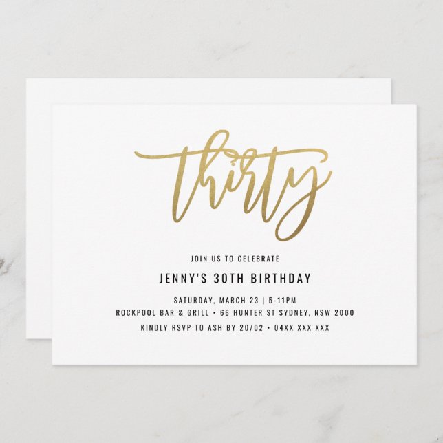 Gold Foil Effect 30th Birthday Invitation (Front/Back)