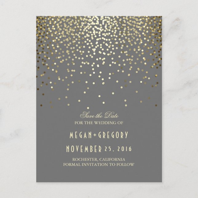 gold foil effect confetti elegant save the date announcement postcard (Front)