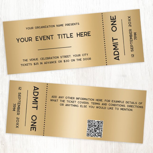 Gold Foil Effect Event Admission Ticket (Faux gold foil effect custom text QR code event ticket)