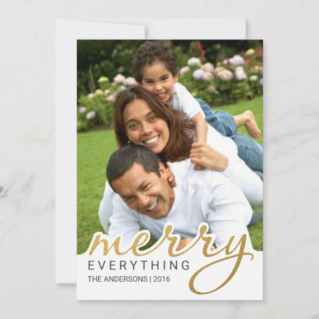 Gold Foil Effect Merry Hand Script Holiday Photo (Front)
