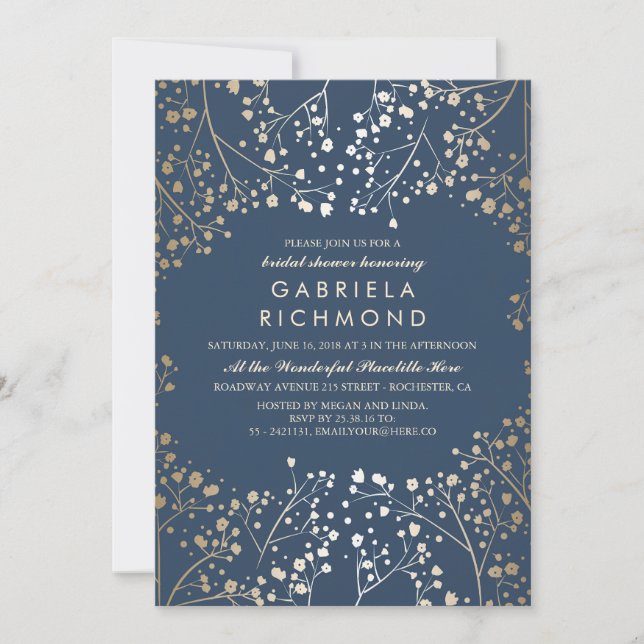 Gold Foil Effect Navy Baby's Breath Bridal Shower Invitation (Front)