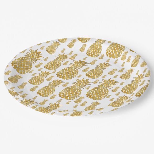 gold foil effect pineapples paper plates (Angled)