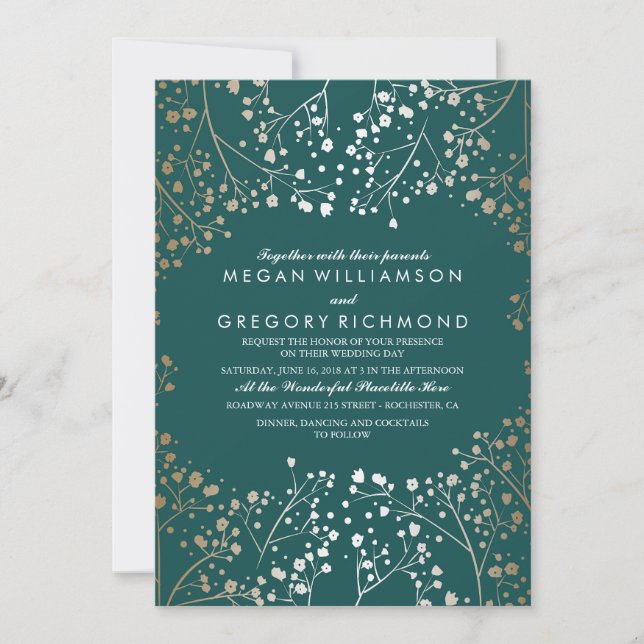 Gold Foil Effect Teal Baby's Breath Wedding Invitation (Front)