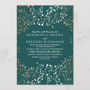 Gold Foil Effect Teal Baby's Breath Wedding Invitation