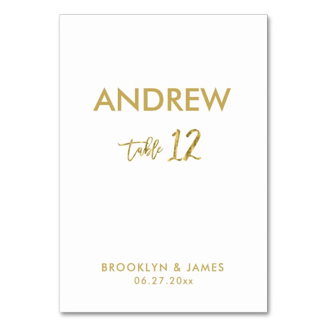 Gold Foil Effect Wedding Table Cards Table 12 (Front)