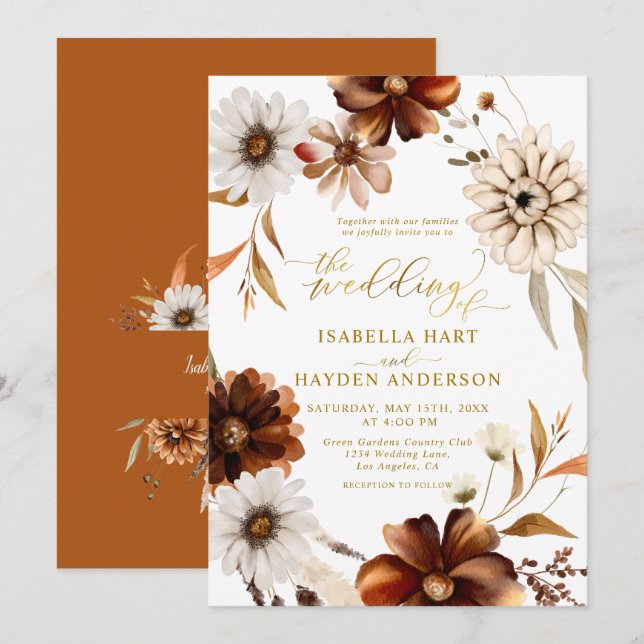 Gold Foil Elegant Fall Boho Terracotta Wedding Invitation (Front/Back)