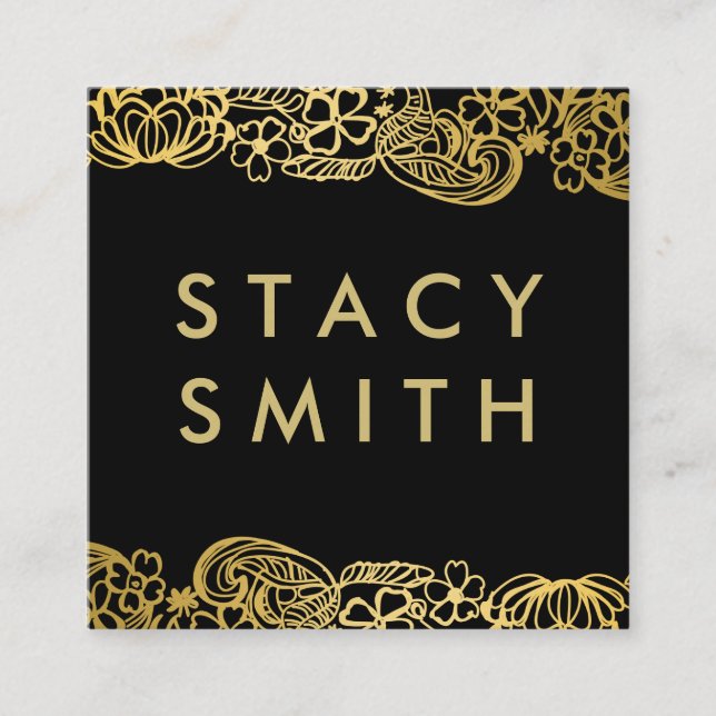Gold Foil Elegant Floral Pattern Square Business Card (Front)