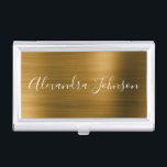 Gold Foil Elegant Modern Luxury Business Card Case<br><div class="desc">Faux Gold Foil Metallic Stainless Steel Minimalist Business Card Holder with white lettered script signature typography for the monogram. The Gold Foil Metal Business Card Holders can be customized with your name. Please contact the designer for customized matching items.</div>