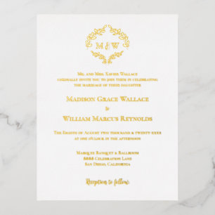 Gold Foil Elegant Wreath Monogram Formal Wedding Foil Invitation Postcard