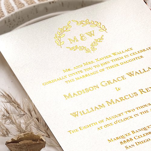 Gold Foil Elegant Wreath Monogram Formal Wedding Foil Invitation Postcard