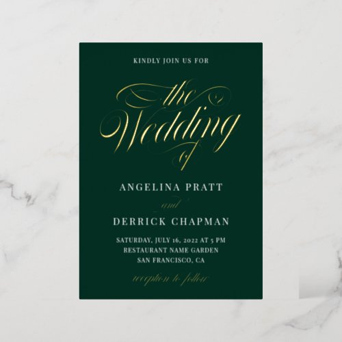 Gold Foil Emerald Green Calligraphy Wedding  Foil Invitation